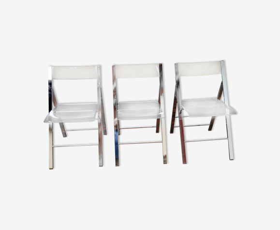 3 chaises pliantes en metal chromé et plexiglass des années 70