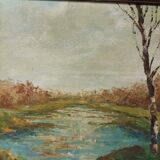 Paysage d'automne maison au bord d'un étang Huile sur panneau signée Corelli