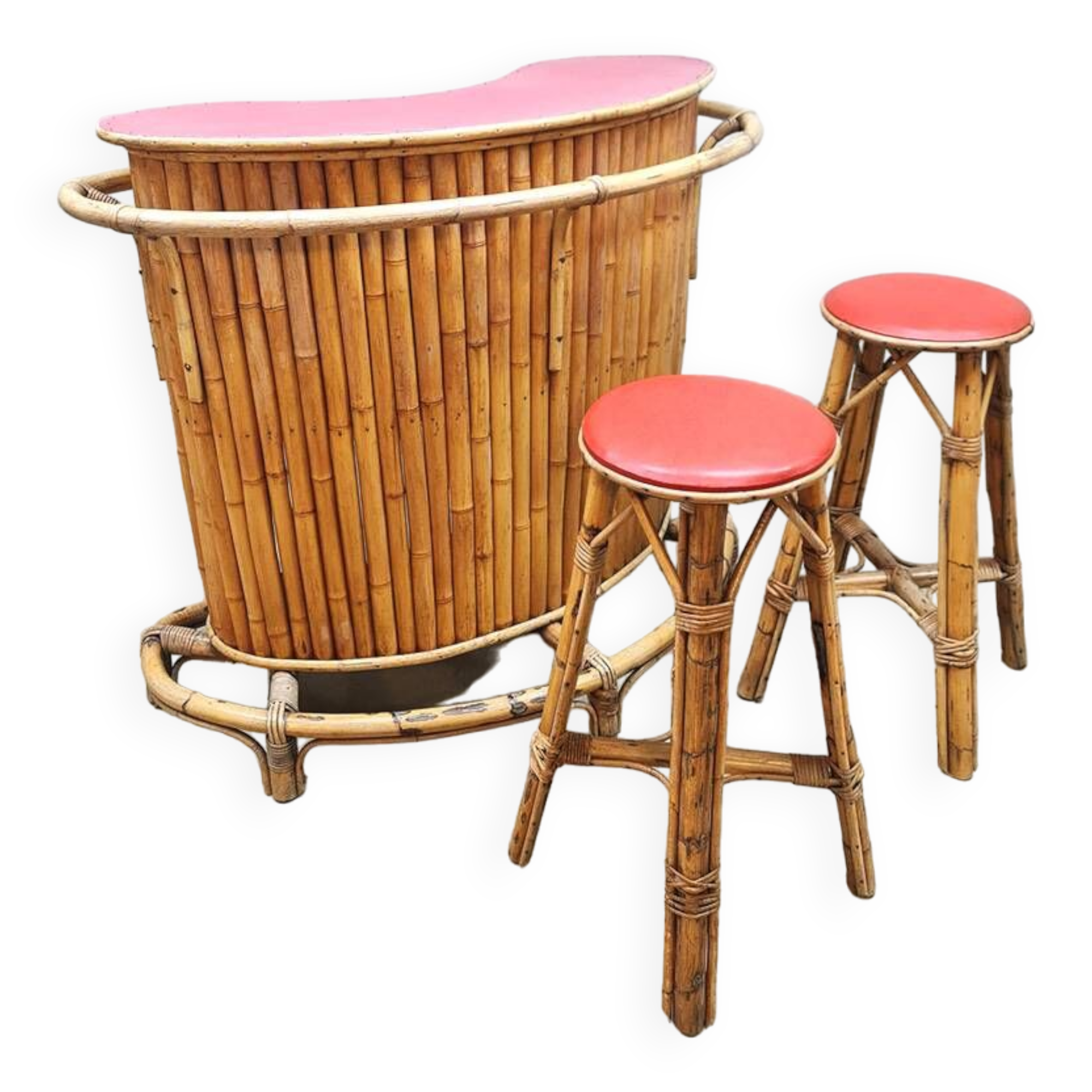 Vintage curved rattan bamboo cocktail bar Tiki bar