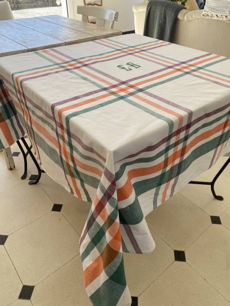 Antique hand-monogrammed tablecloth EB - Cotton - 150x150 cm