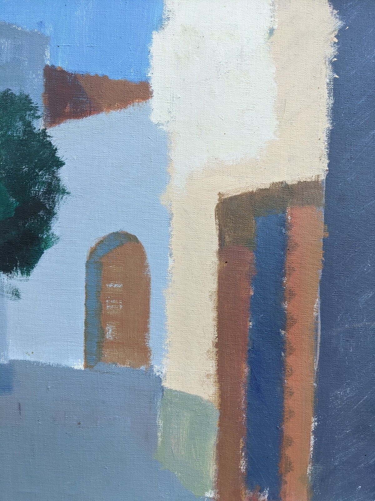 Mid-Century Modern "Charming Town" Vintage Swedish Street Scene Oil Painting, Framed