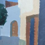 Mid-Century Modern "Charming Town" Vintage Swedish Street Scene Oil Painting, Framed