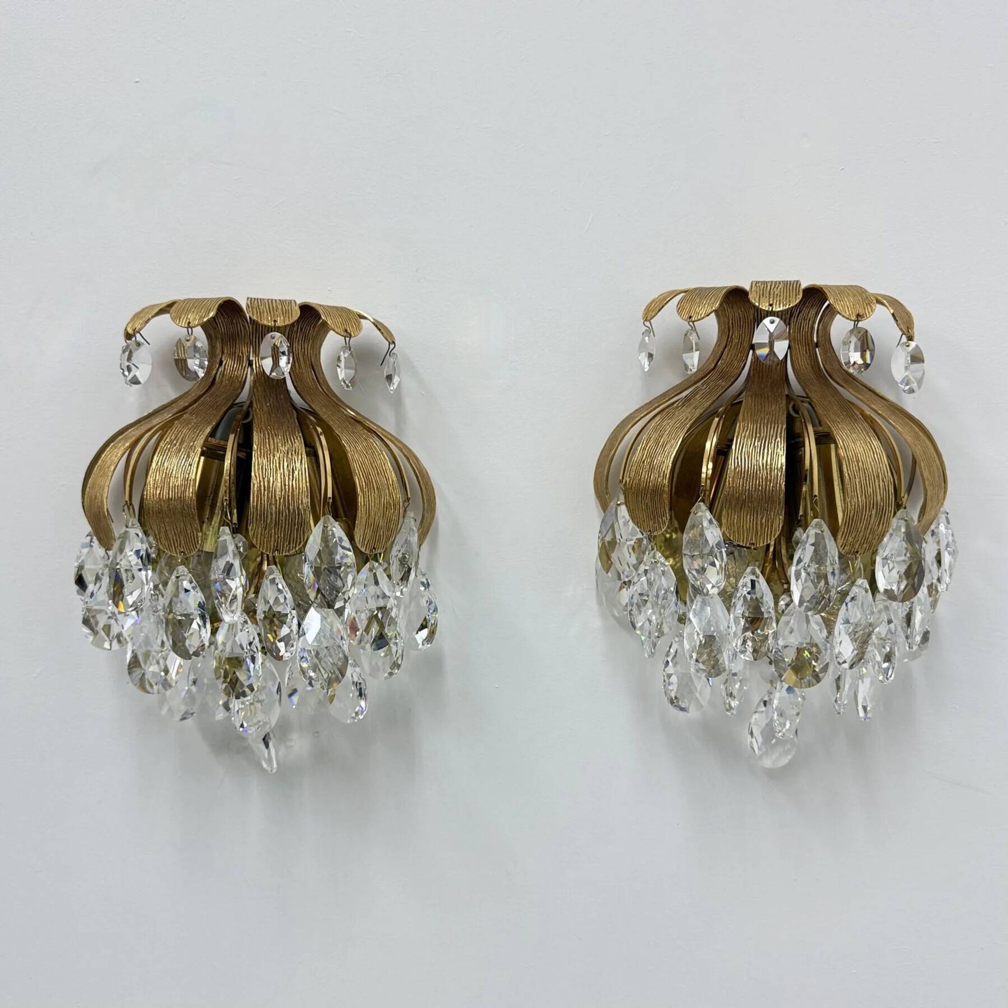 Palwa crystal wall lamp sconce by Ernst Palme, brass pineapple, 1960s, Germany