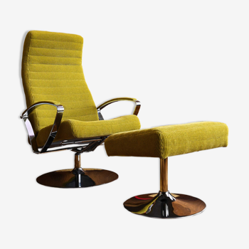 Swivelling lounge chair with foot rest in yellow corduroy