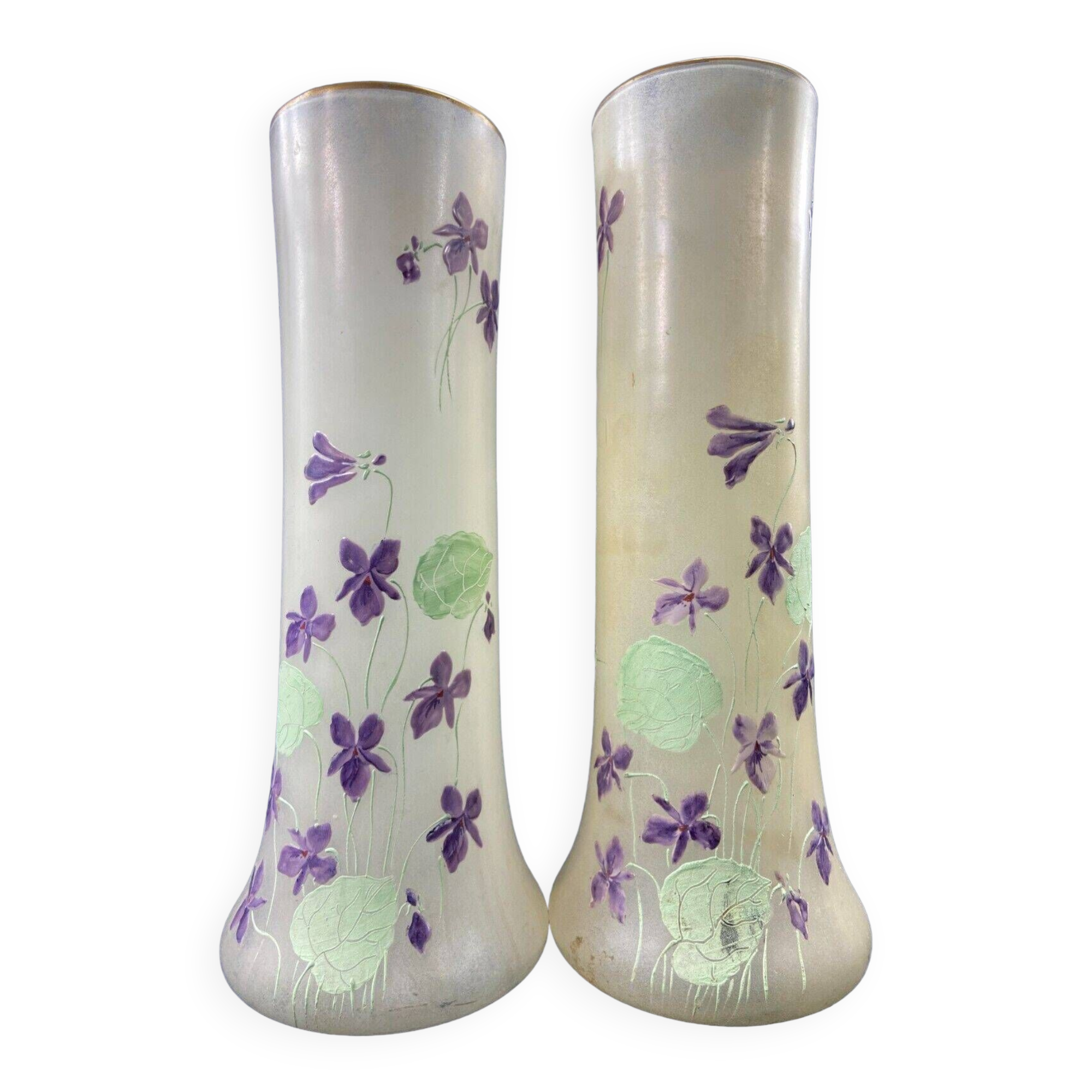 Large pair of glass vases with enameled floral decoration from the early 20th century LEGRAS