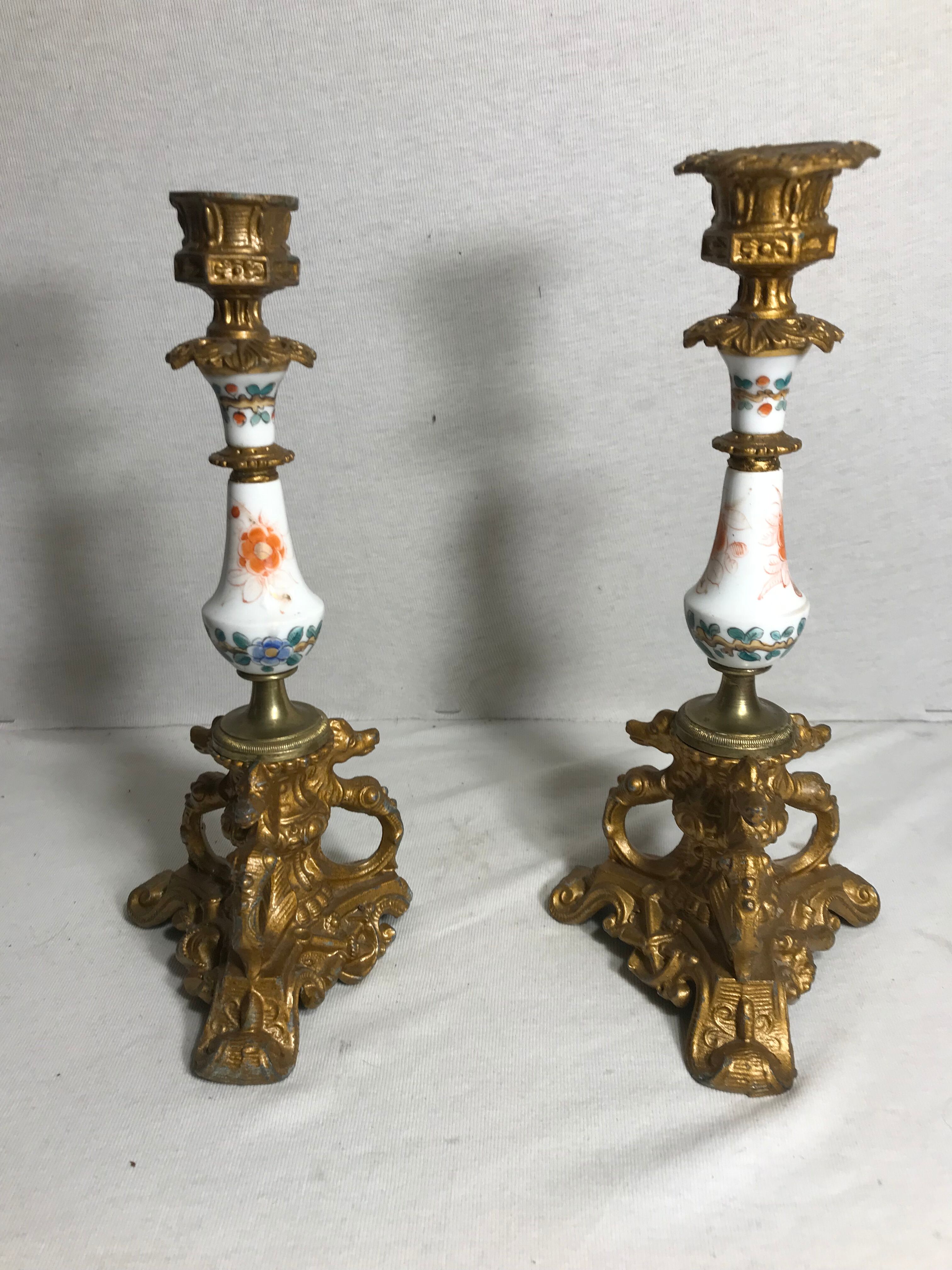 Pair old candlestick tripod Metal Gold seahorse + ceramic painted Vintage