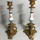 Pair old candlestick tripod Metal Gold seahorse + ceramic painted Vintage