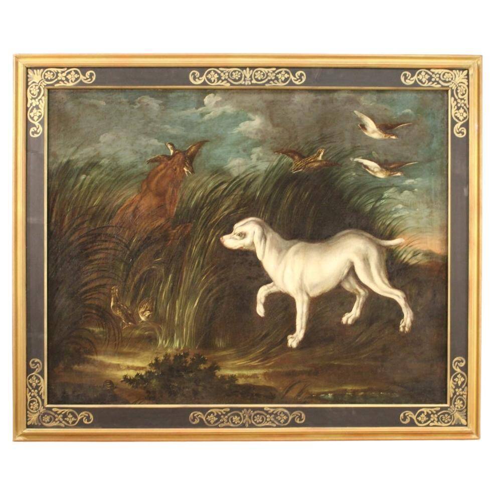 Peinture antique française paysage avec chien