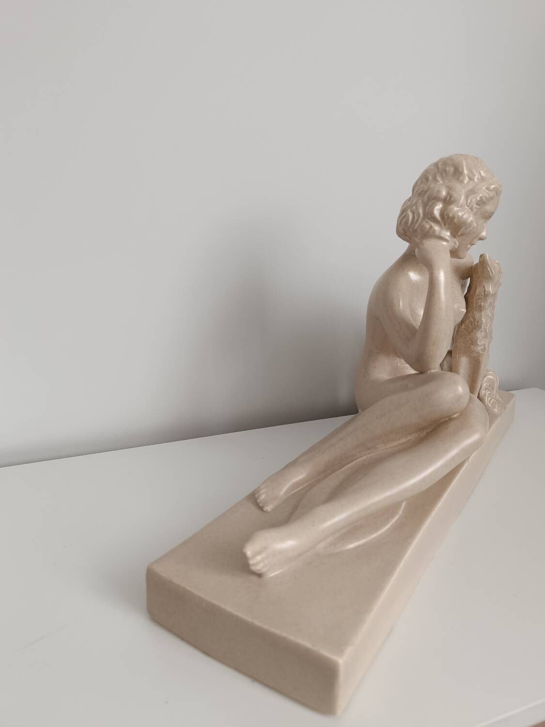 Nude Woman and Her Dog (Greyhound) - Beige Ceramic Statue - Signed Charles Lemanceau - 1930