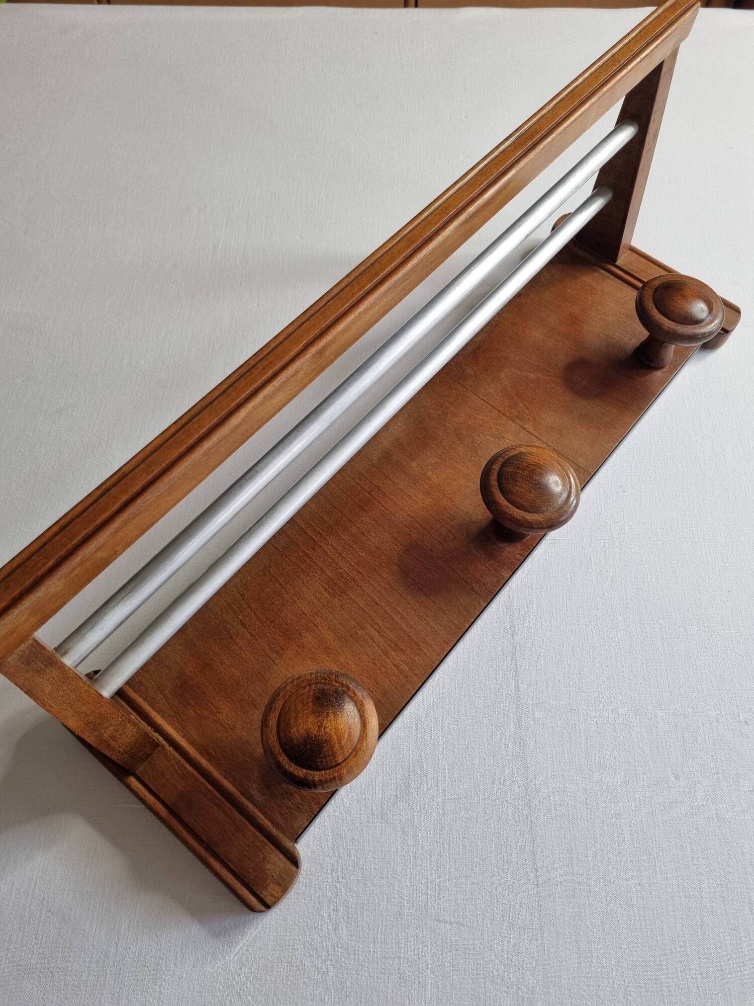 Vintage wall mounted coat rack in wood and metal, 3 hooks, retro style