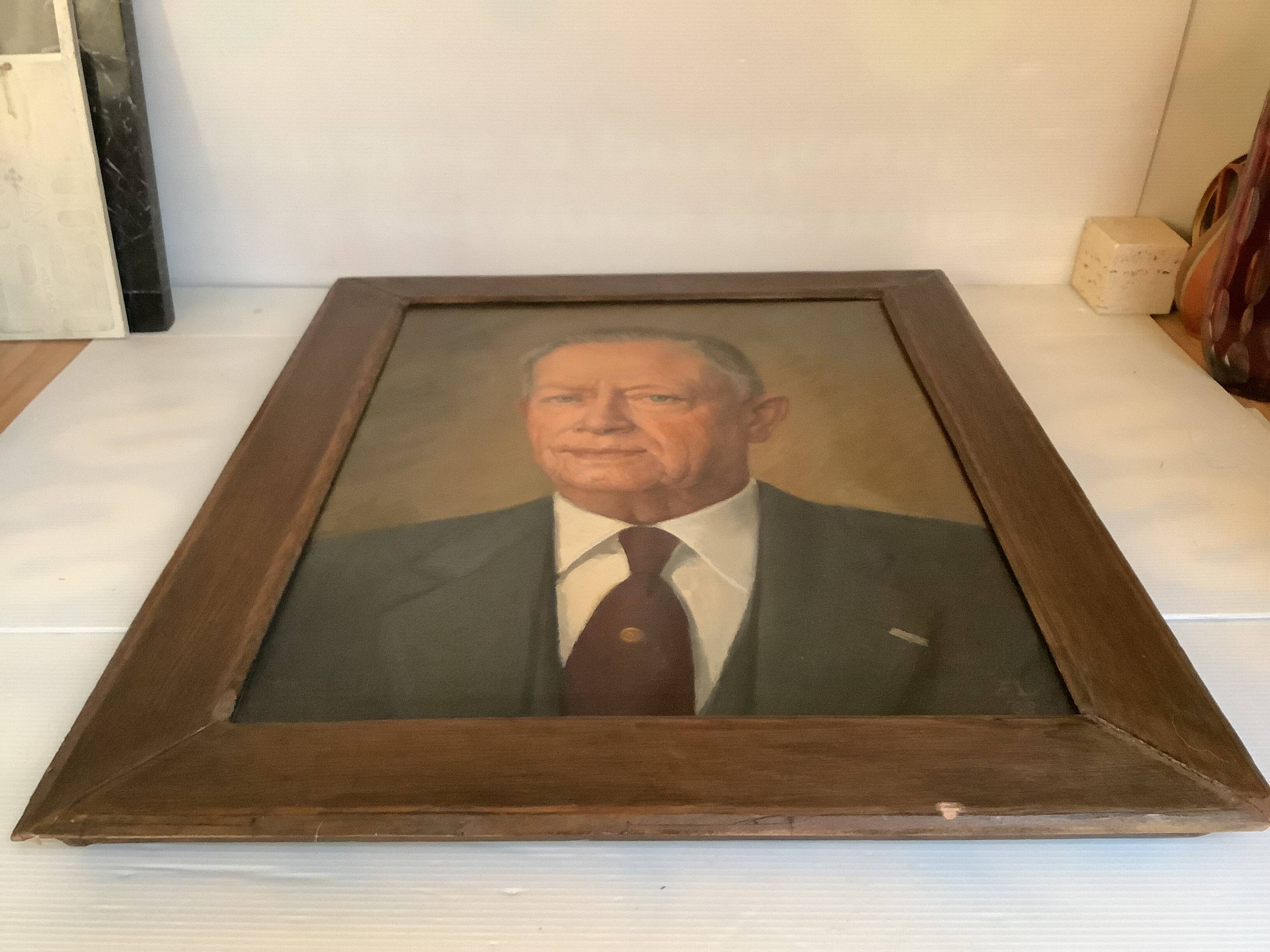 Large portrait painting of a man, oil on canvas, signed.