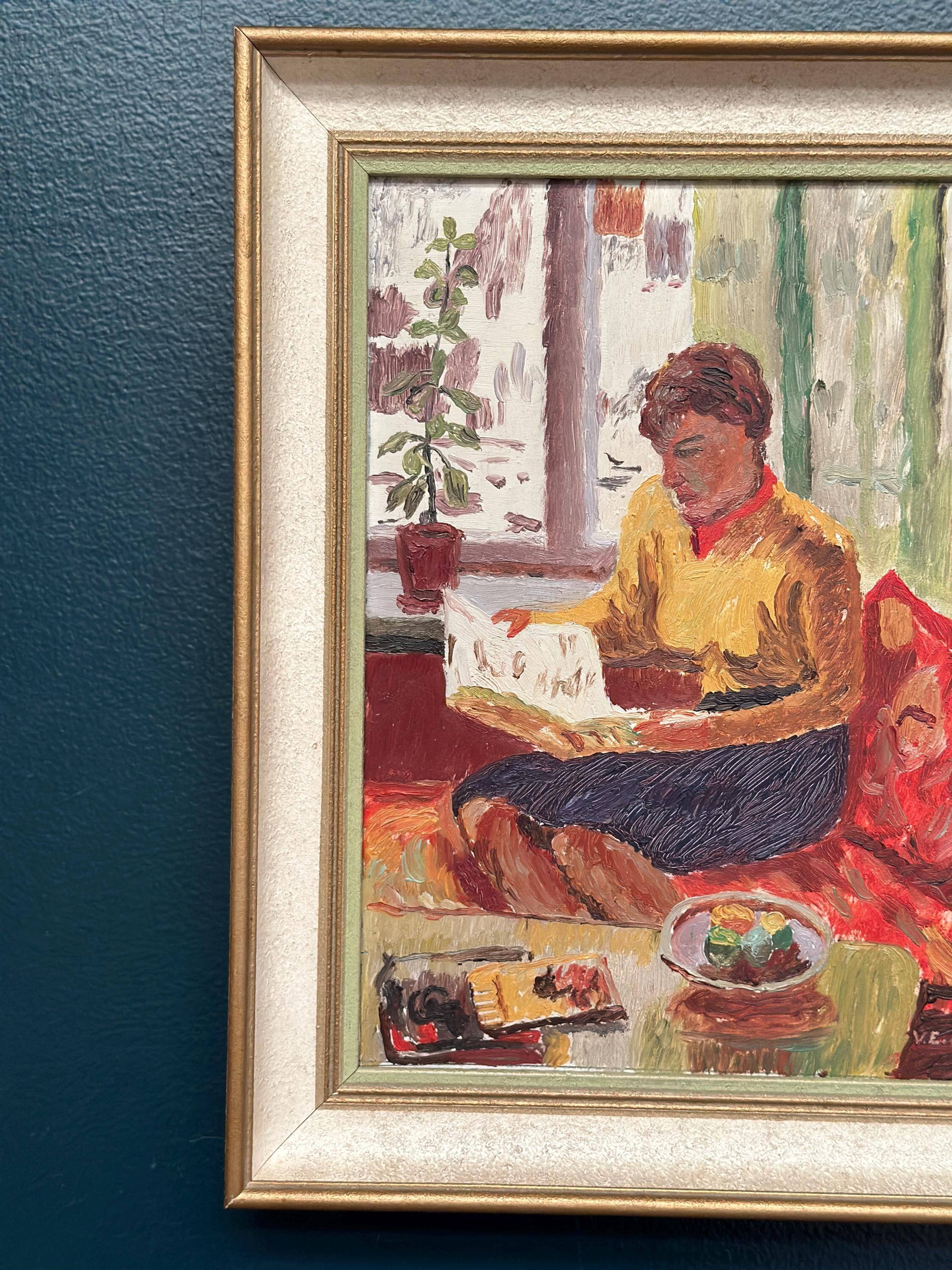 Original Swedish Oil on Panel – “Woman Reading Book” by Einar Emland