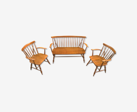 Banquette et fauteuils à barreaux orme massif 1970