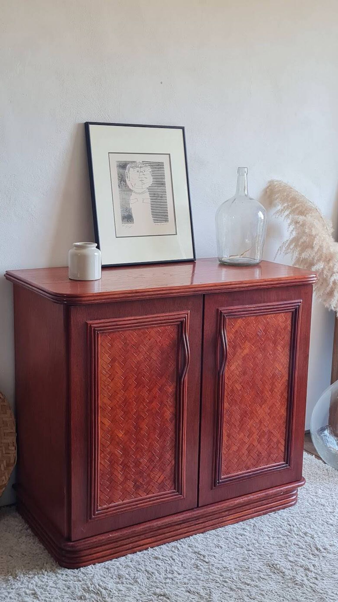 Rattan and wood sideboard from the 1970s.