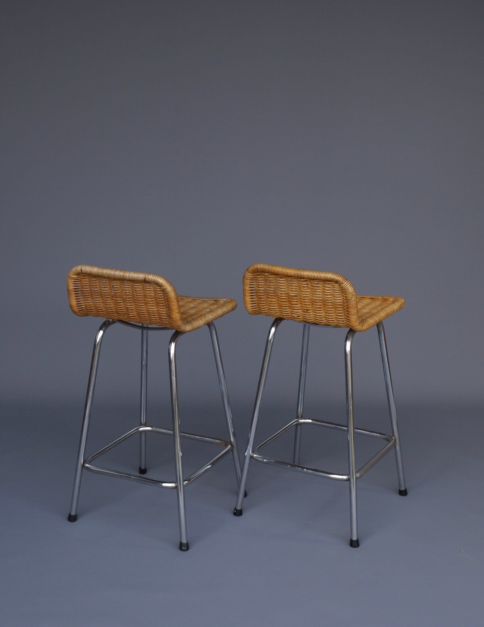 Chromed steel and rattan bar stools from Rohé Noordwolde, 1960s, Set of 2