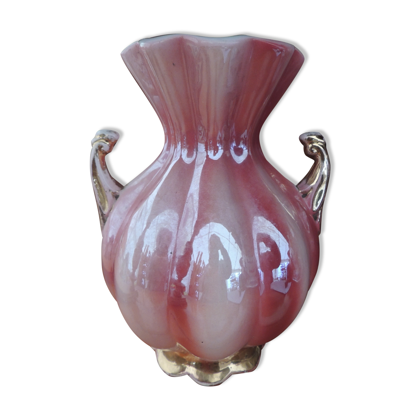 Vase rose pansu anses dorées pied corolle