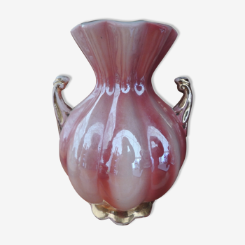 Vase rose pansu anses dorées pied corolle