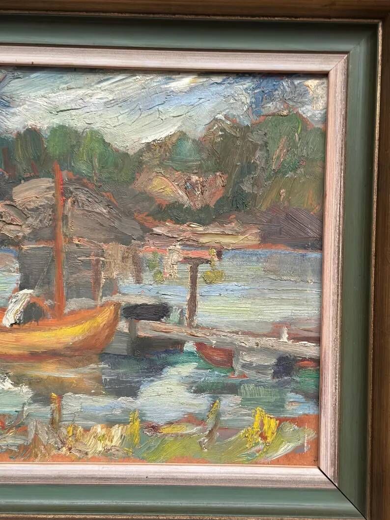 Oil on Swedish Panel - "Dock" by Dal-Edvin - Signed - Vintage and Framed - 31 × 30 cm (12.2 in × 11.8 in)