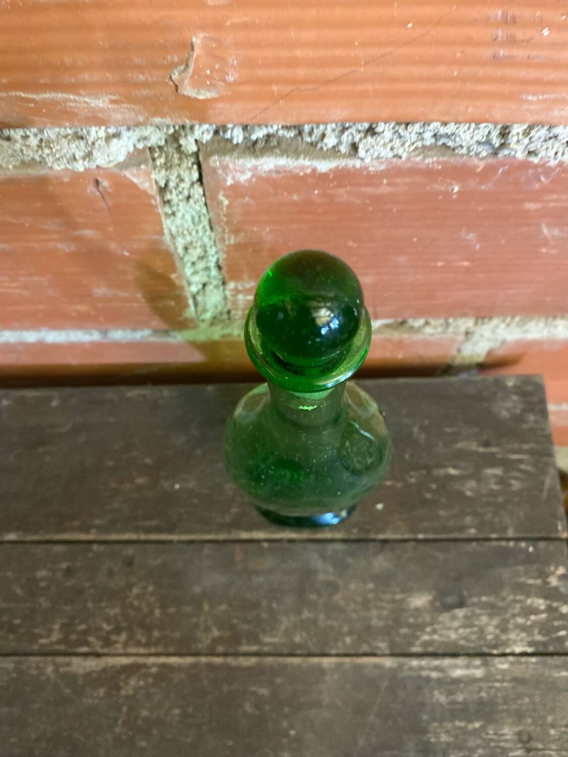 Old Green Bubble Glass Carafe Bottle with Vintage Stopper