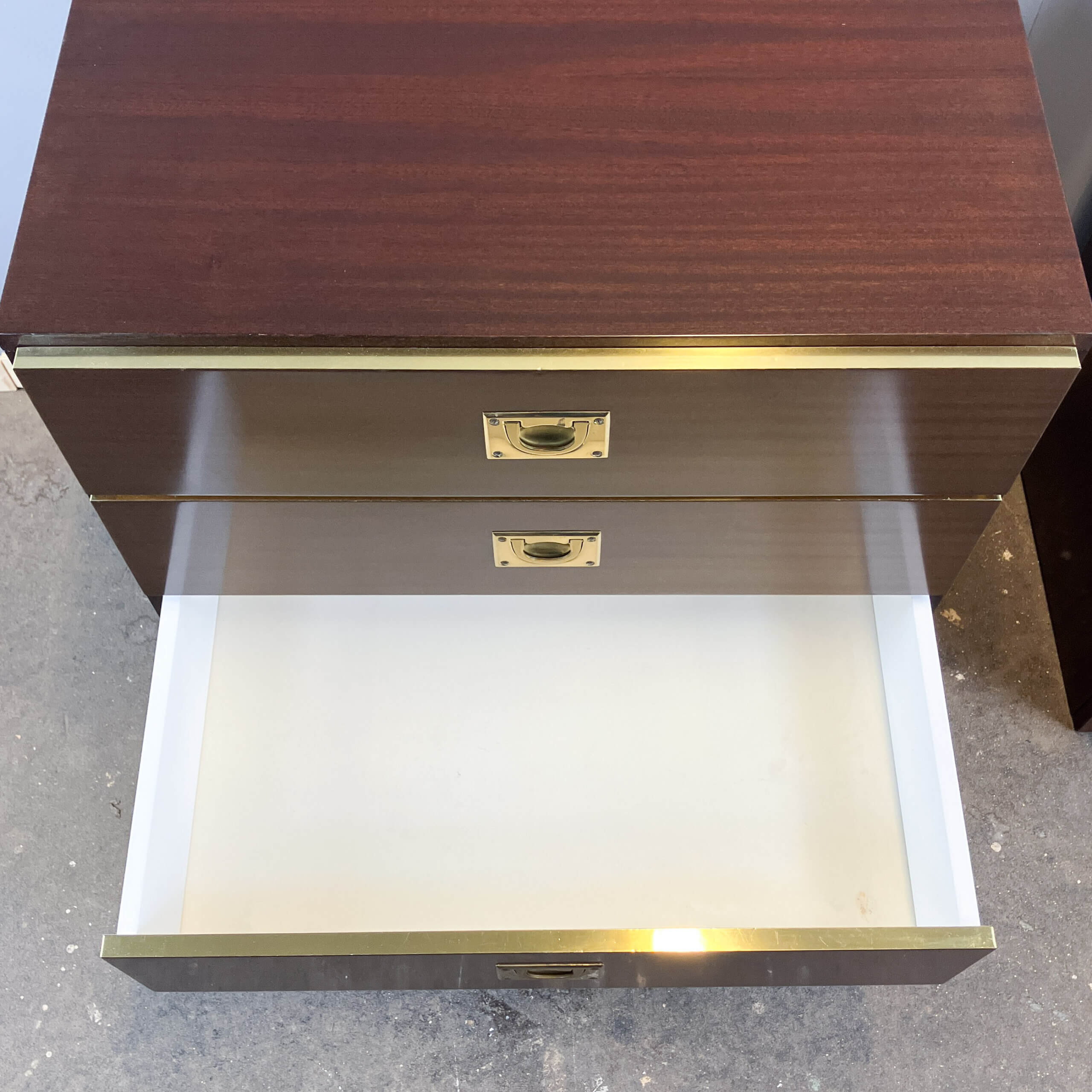 2 bedside tables/small chests of drawers in Campaign style, 1970s