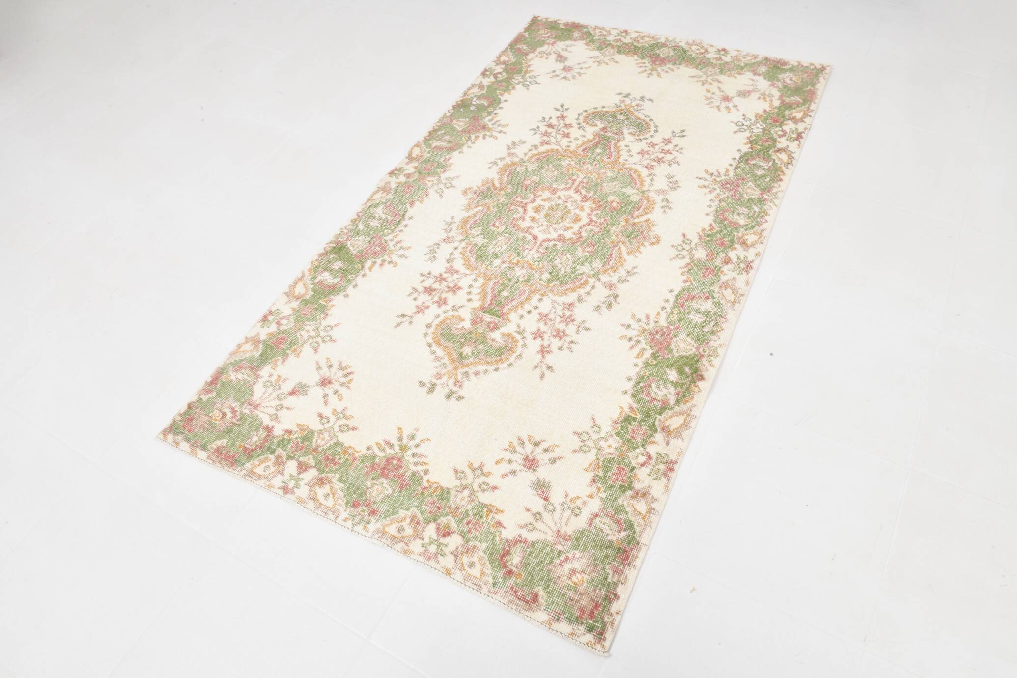 4x7 Beige and Green Floral Design Vintage Rug, Anatolian Rug, 113x207Cm