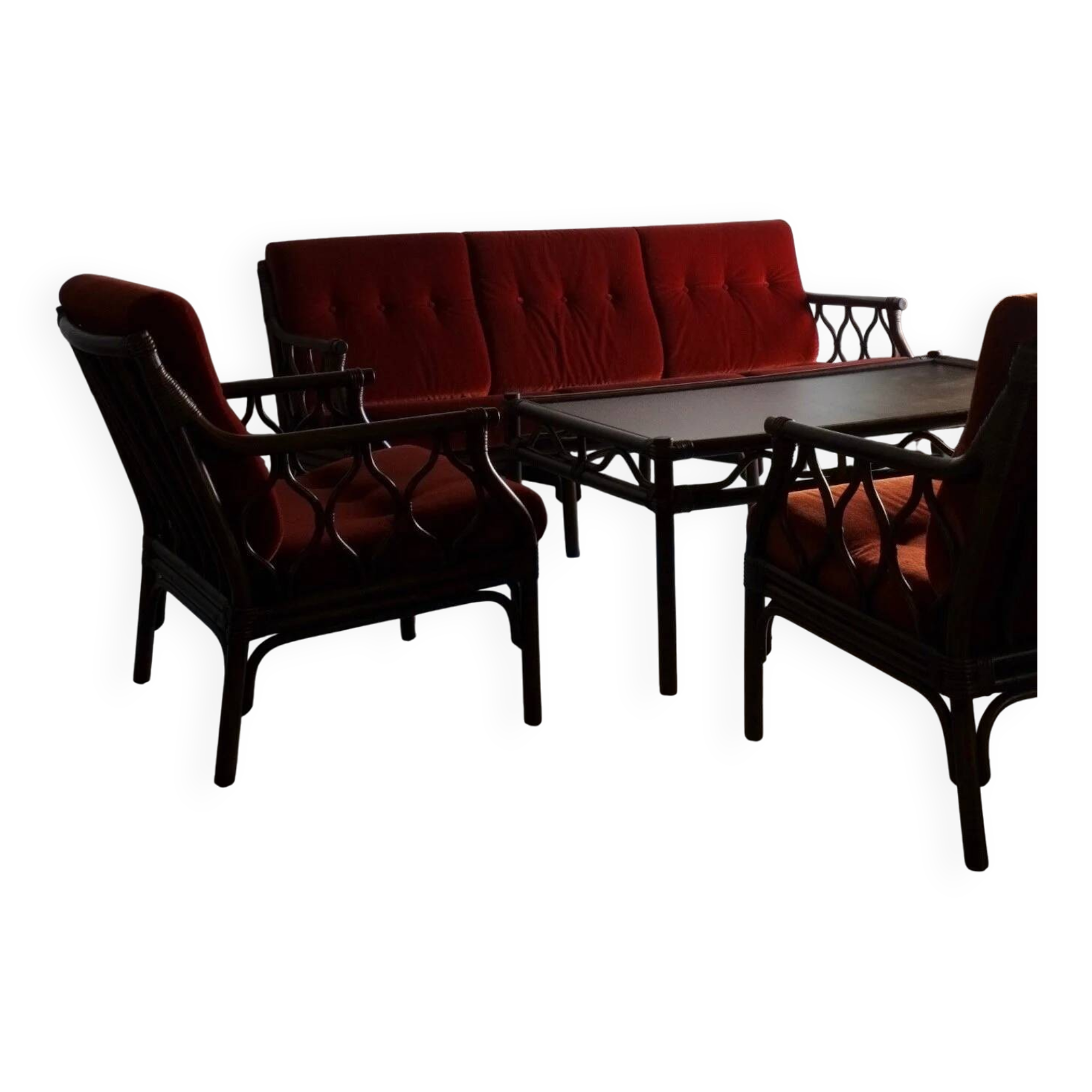 Red velour dark rattan 2-seater sofa | 1980s