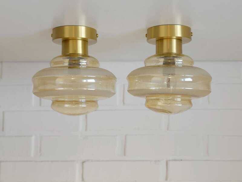 Set Of 2 Vintage Amber Glass Sconces MCM Brass Flush Mount Lights