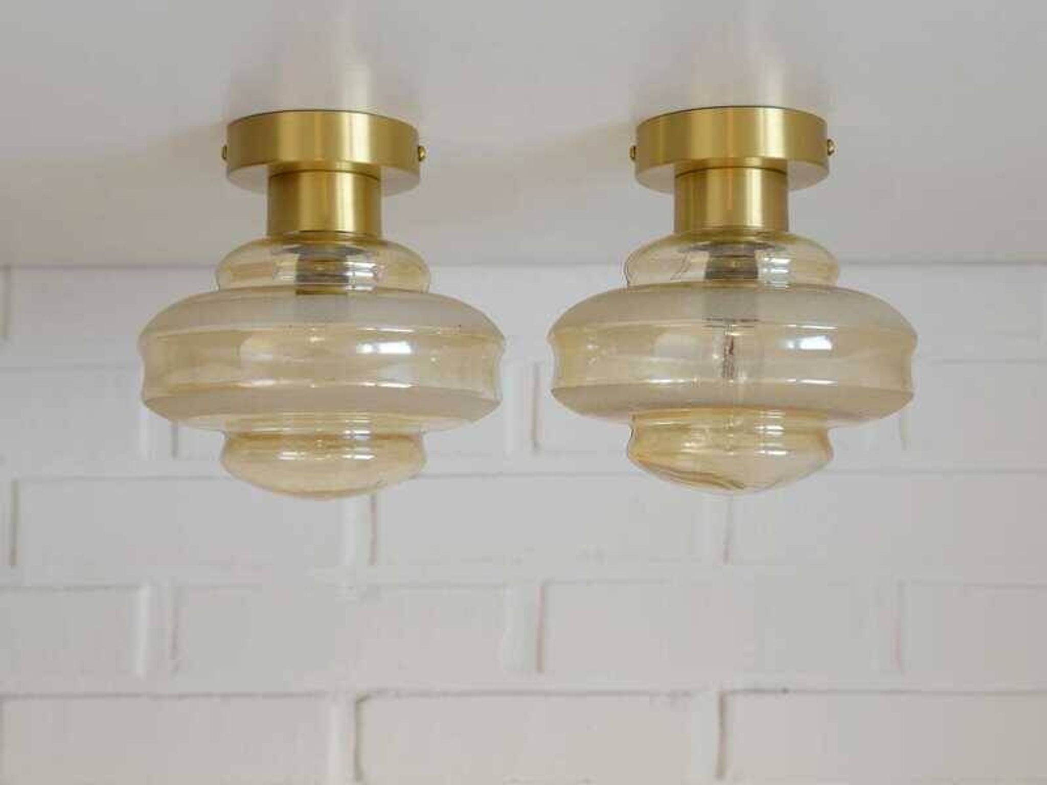 Set Of 2 Vintage Amber Glass Sconces MCM Brass Flush Mount Lights