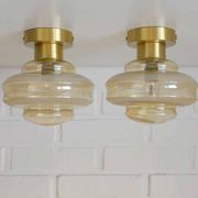 Set Of 2 Vintage Amber Glass Sconces MCM Brass Flush Mount Lights