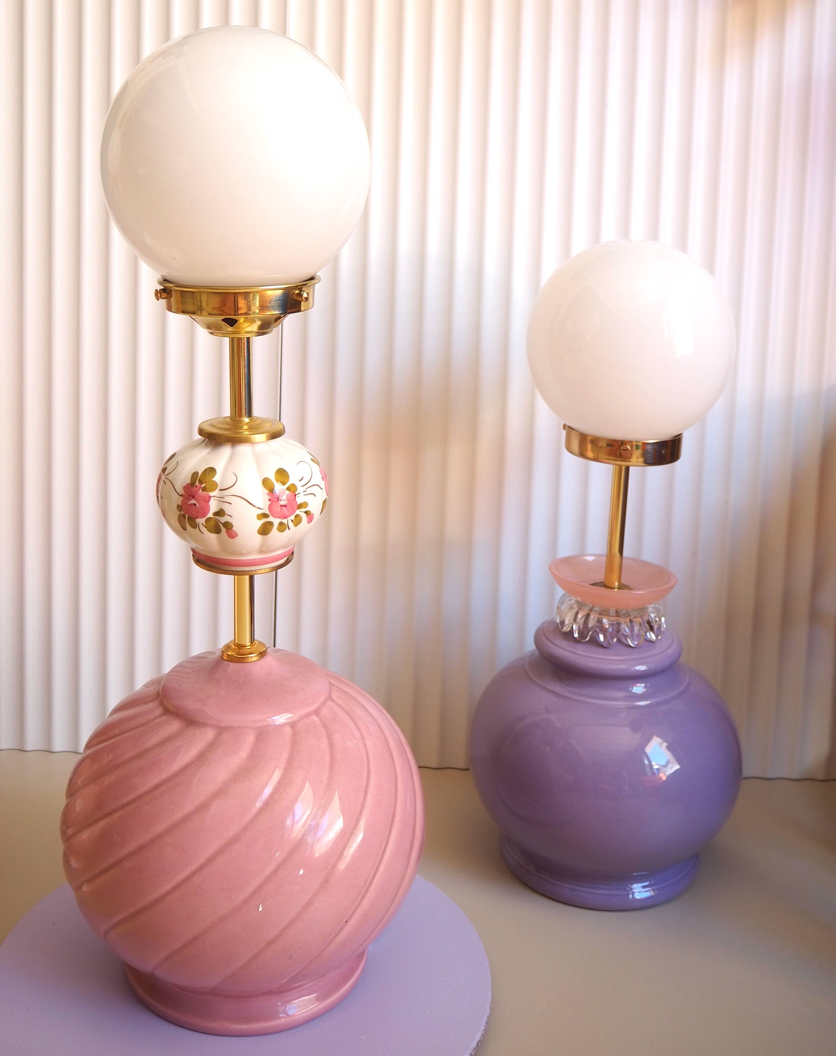 Table lamp, pink, opaline and brass ceramic