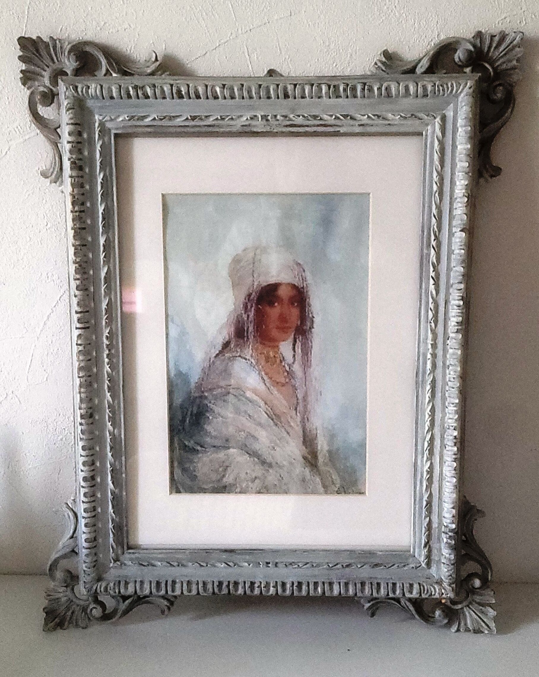 Portrait femme orientale lithographie dans cadre patiné