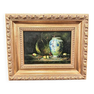 Small oil painting on panel, still life, early 20th century.