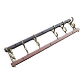 Coat rack, teak and brass coat hooks.