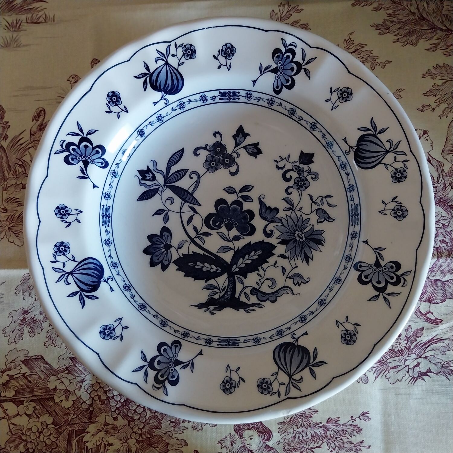Old plates with blue floral decoration.