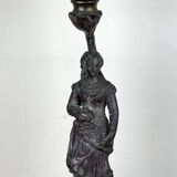 Large kerosene lamp mounted on a spelter statue entitled "Chanson par Rousseau" circa 1900