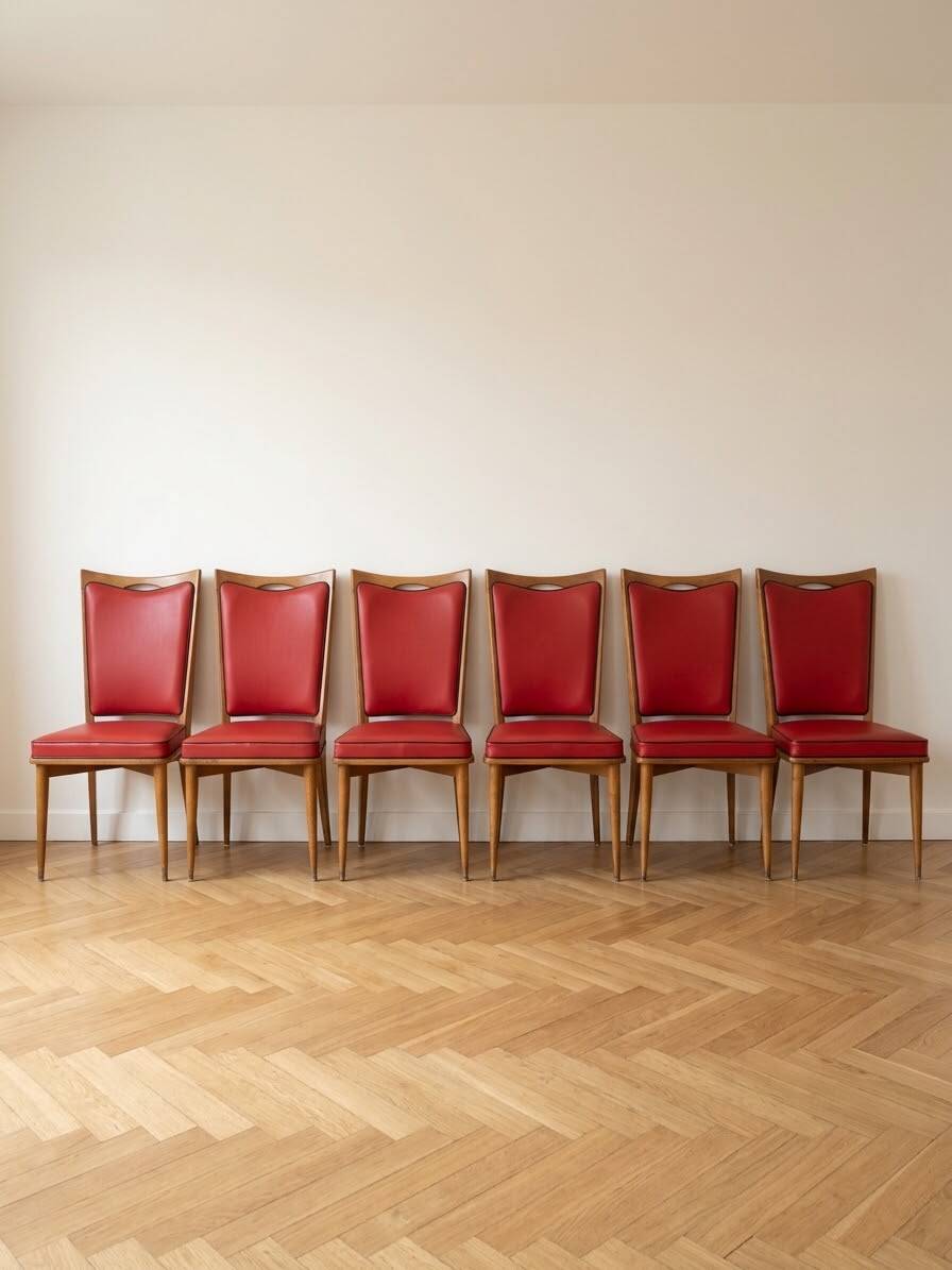 Set of 6 vintage wooden chairs with red faux leather in retro style.
