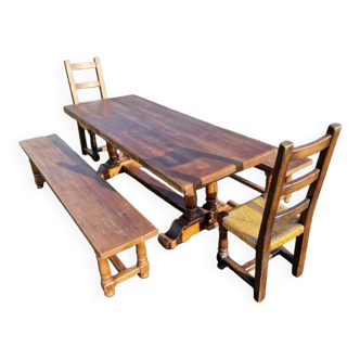 Farm table with two chairs and two benches