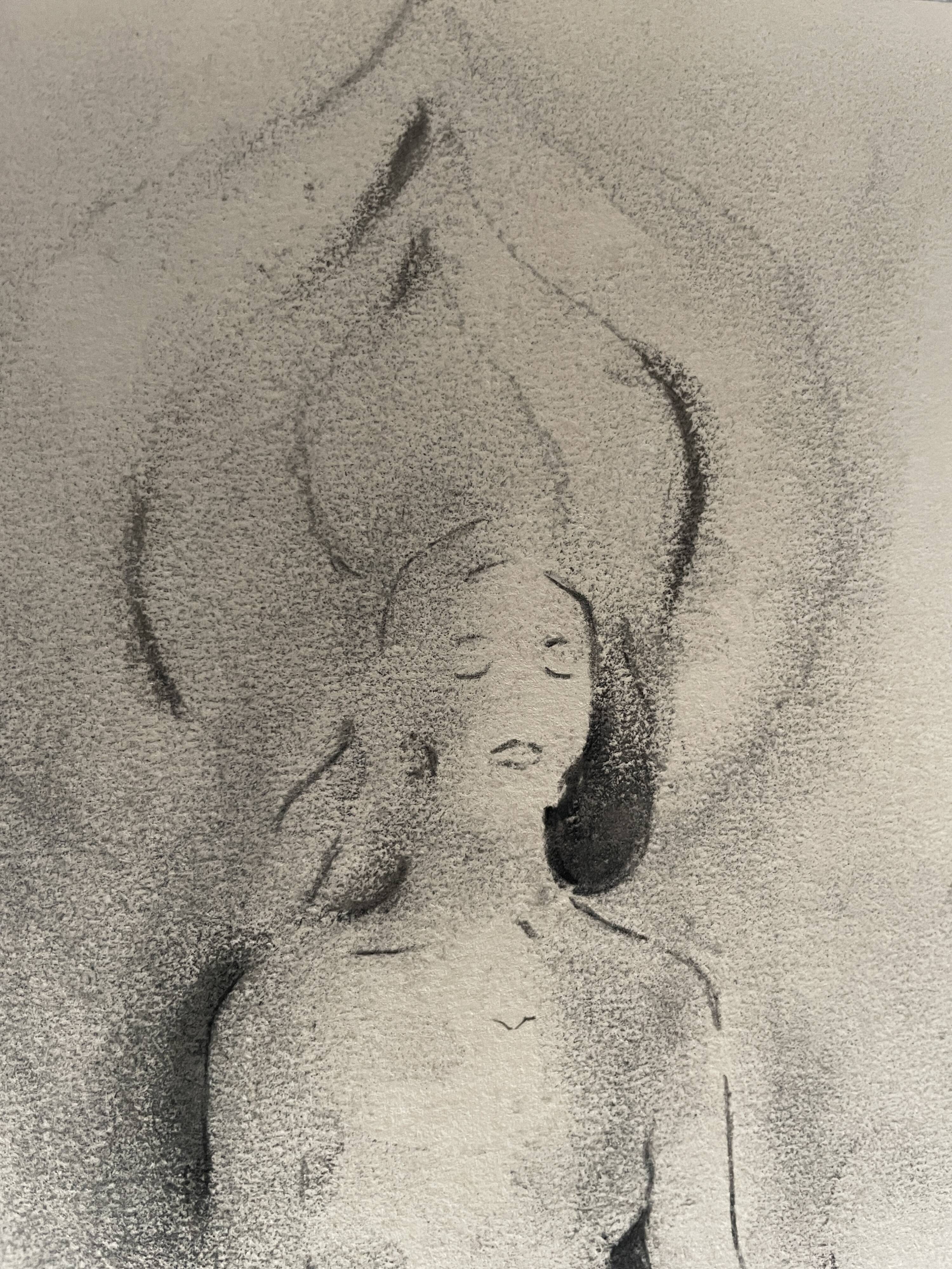 Painting signed charcoal woman buddha zen attitude