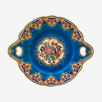 Old dish with handles in enamels of Longwy Renaissance model decoration of M.P. Chevallier enhanced J.M
