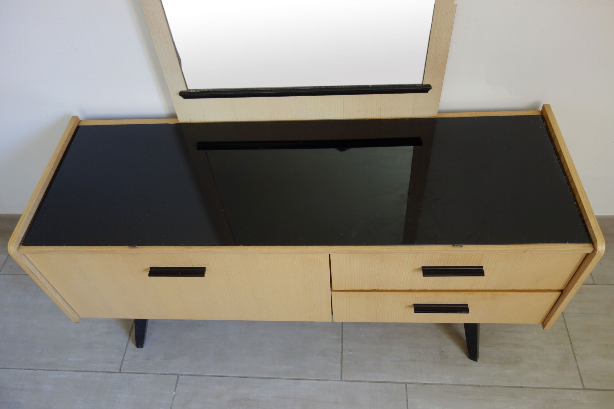Dressing table 60s black wood and smoked glass