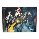 Huile sur toile par Henri Yvergniaux représentant des chevaux 1973