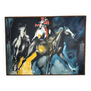 Huile sur toile par Henri Yvergniaux représentant des chevaux 1973