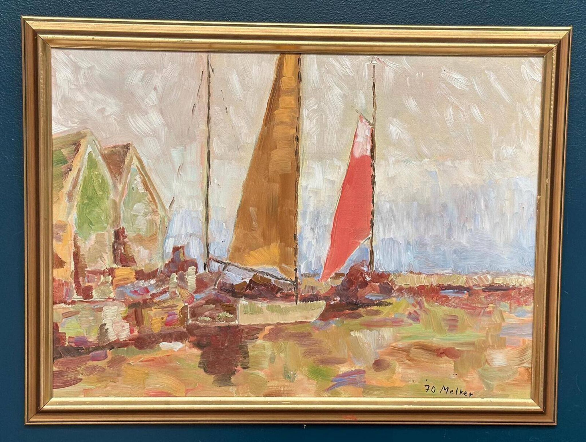 Original Swedish Oil On Canvas – “Sailing Ships” By Melker – Dated 70, Vintage & Framed – 57 × 75 Cm (22.4" × 29.5")
