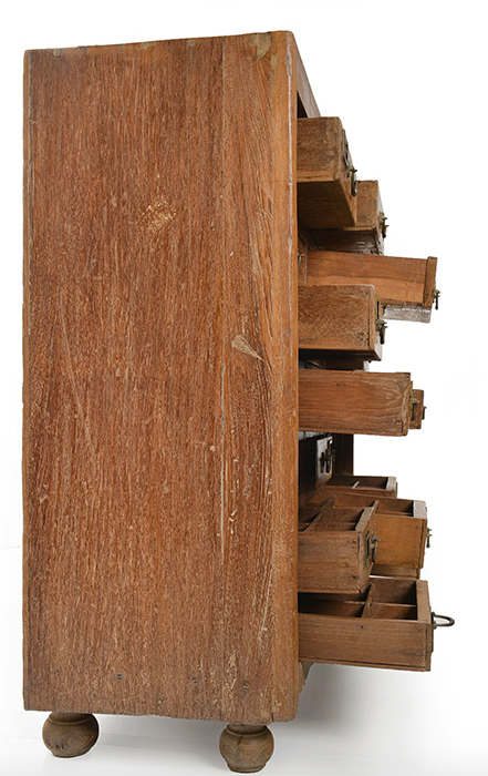 Old teak storage cabinet with 21 drawers