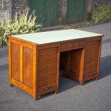 Wooden desk with curtains and sliding drawers, storage unit, vintage desk