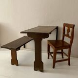 Art Deco German Wabi Sabi Brown Oak Prison Cell Table and Bench, 1930s, Set of 3