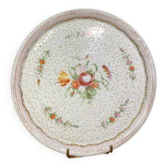 Tray, porcelain dessert dish with polychrome floral decoration and gold enhanced with enamel