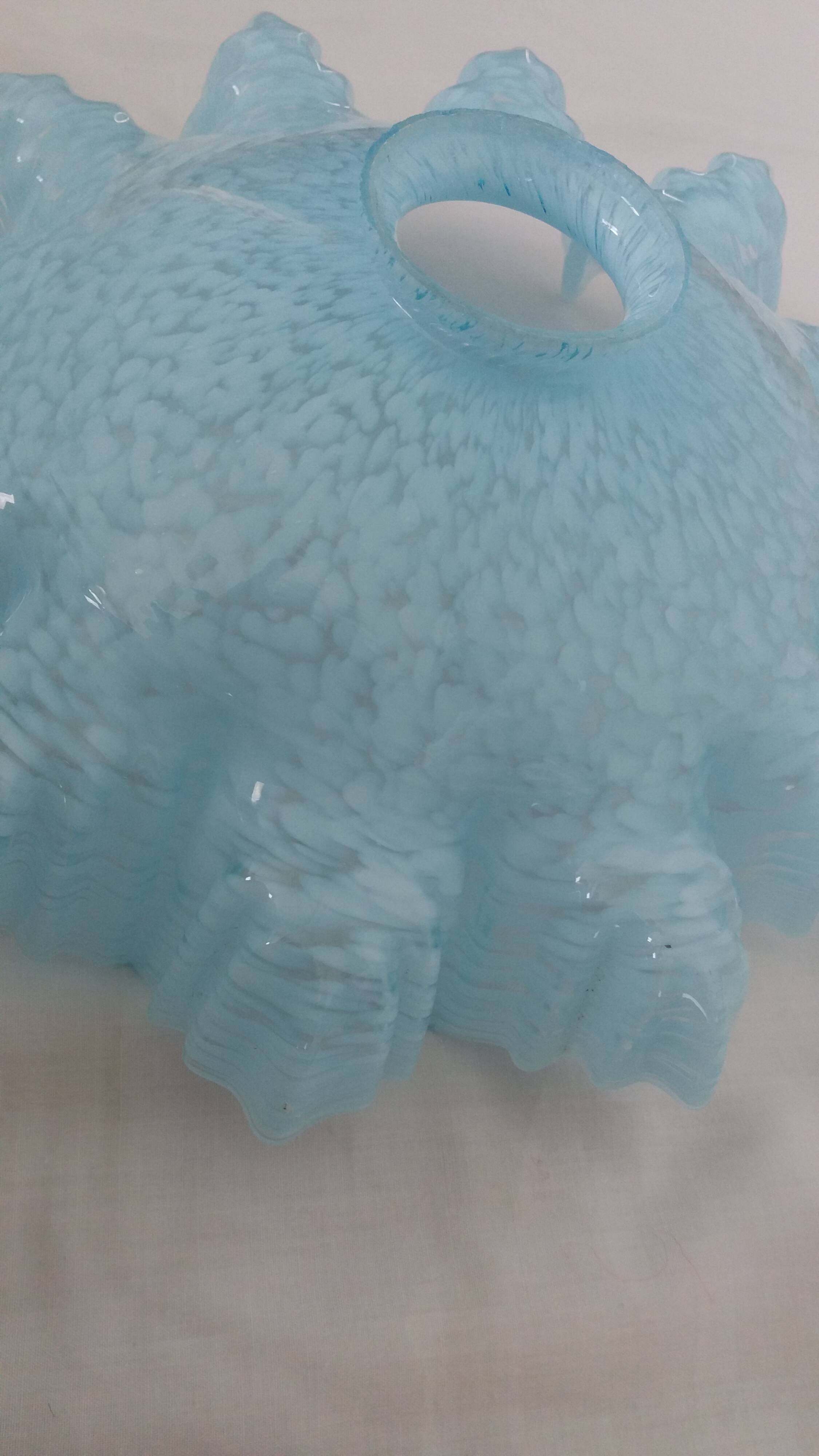 Suspension light with a sky blue glass shade from Clichy, snowflake shape.