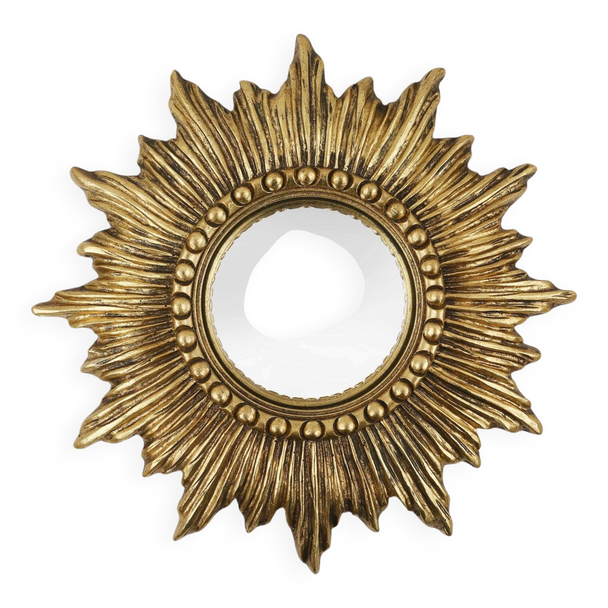 Miroir en résine en forme de soleil doré avec miroir convexe, France, années 1960.