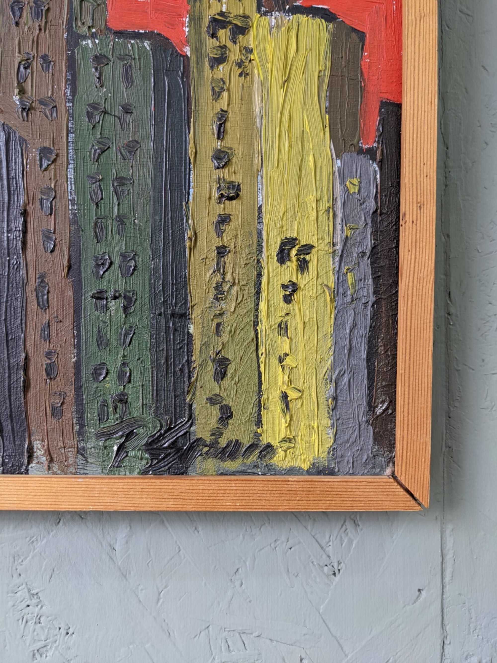 Mid-Century Modern Swedish "Skyline" Vintage Framed Cityscape Oil Painting